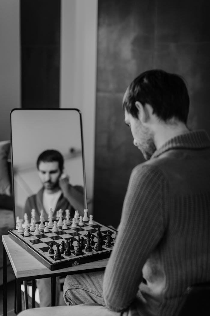 Man playing chess before a mirror, reflecting strategy and introspection.